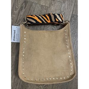GOLD STUDS Tan Suede Ahdorned Crossbody 12x13 Bag Purse Orange Tan Black Strap